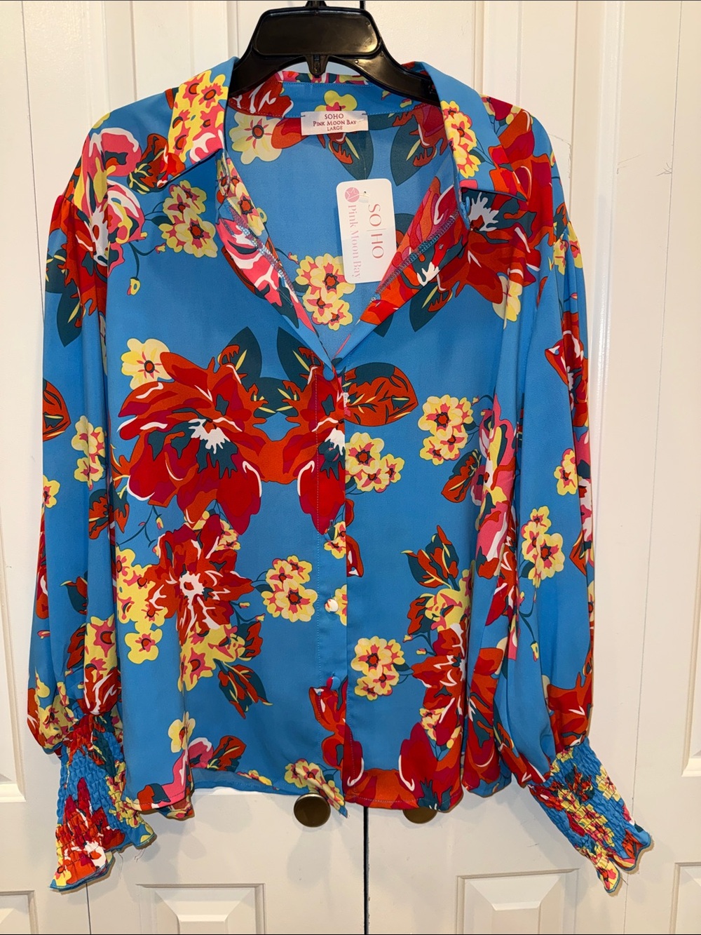 Soho Blue Floral Button-Front Blouse with Red and Yellow Flowers
